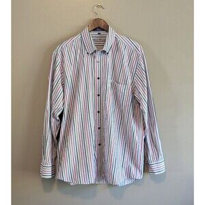Alan Flusser Mens Large Red Blue Striped Button Down Shirt Long Sleeve L Top
